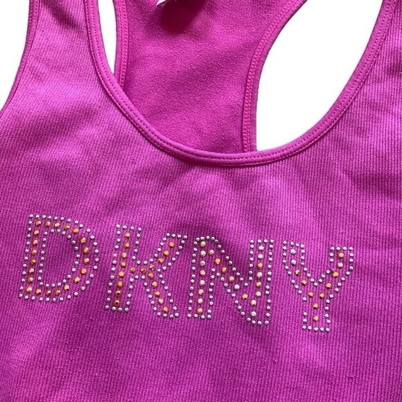 Y2K DKNY Logo Bedazzled Pink Racerback Ribbed Tank Top Size XS / Small - Picture 4 of 5